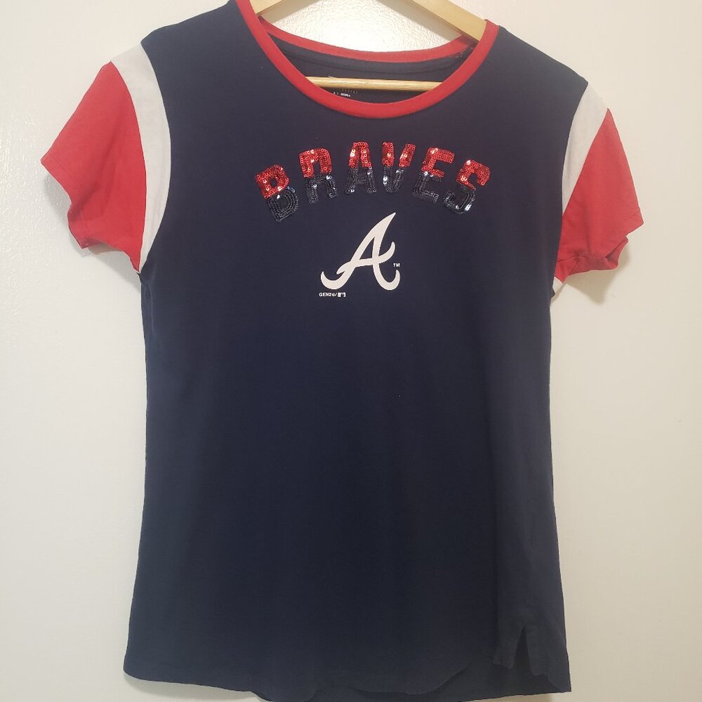Atlanta Braves Sequin Logo T-Shirt Red Sleeves Blue Body (Gen2 Genuine Merchandi